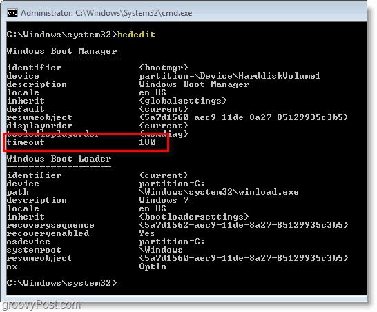 Windows 7 screenshot - έλεγχος των ρυθμίσεων bcdedit