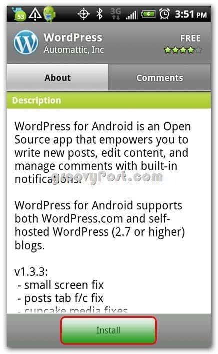 Wordpress στην οθόνη εγκατάστασης Android