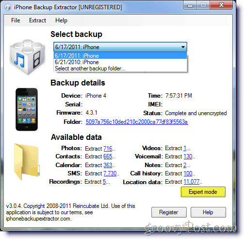 iPhone Backup Extractor Επιλέξτε Backup
