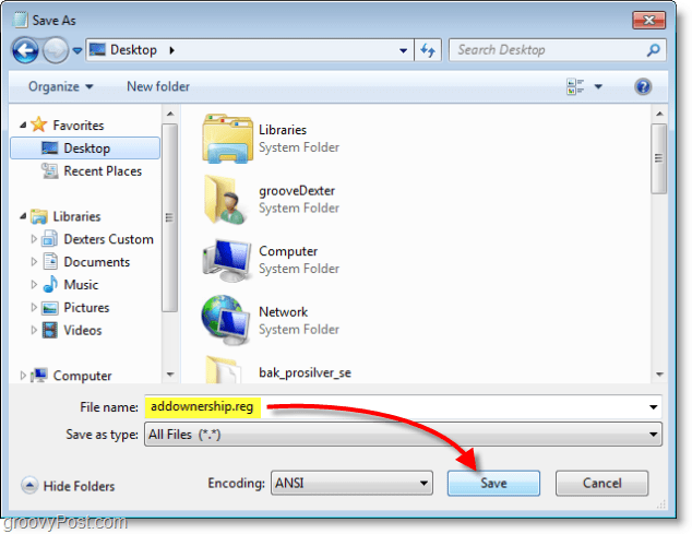 Windows 7 screenshot - αποθηκεύστε ως addownership.reg