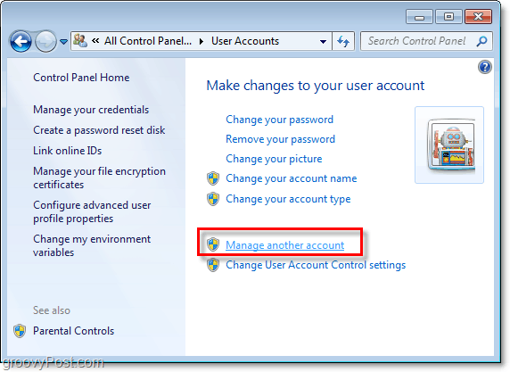 κάντε κλικ στη διαχείριση ενός άλλου λογαριασμού από τη σελίδα λογαριασμού χρήστη των Windows 7