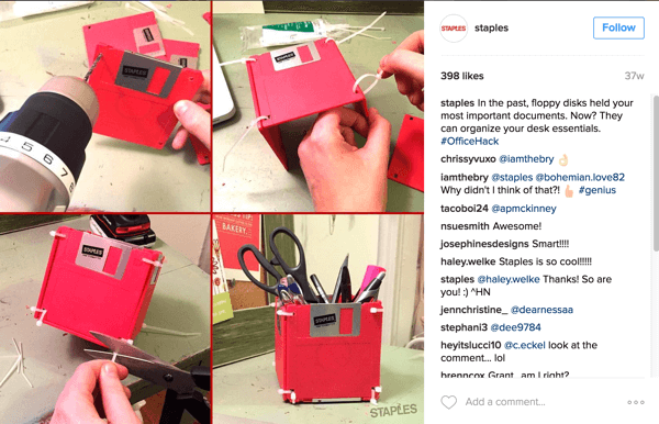 Αυτό το κολάζ φωτογραφιών Instagram από το Staples δείχνει έναν έξυπνο τρόπο επαναχρησιμοποίησης δισκετών σε αξεσουάρ γραφείου.