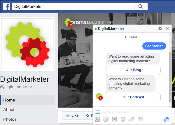 Το DigitalMarketer χρησιμοποιεί bots ManyChat για αλληλεπίδραση μέσω του Facebook Messenger.