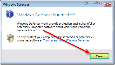 Απενεργοποιήστε το Windows Defender Vista