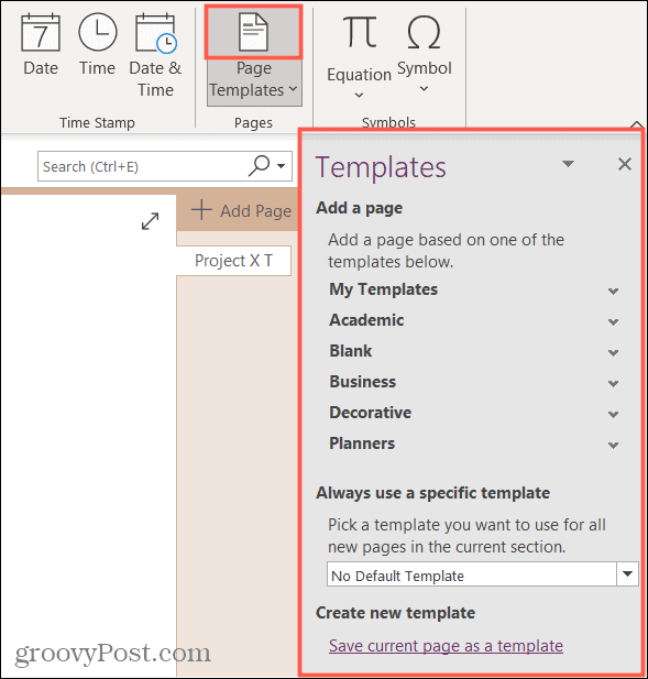 Πλαϊνή γραμμή προτύπων στο OneNote