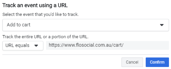 Χρησιμοποιήστε το Εργαλείο εγκατάστασης συμβάντων στο Facebook, βήμα 5, ρυθμίσεις για να παρακολουθείτε ένα συμβάν χρησιμοποιώντας μια διεύθυνση URL