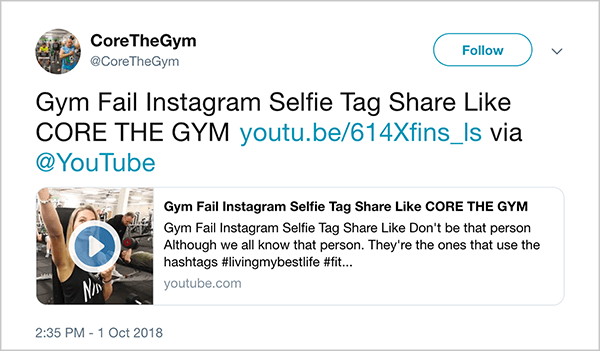 Αυτό είναι ένα στιγμιότυπο οθόνης ενός tweet από το @CoreTheGym. Το tweet λέει "Gym Fail INstagram Selfie Tag Share Like CORE THE GYM" και συνδέσμους προς ένα βίντεο στο YouTube. Η περιγραφή του βίντεο είναι "Μην είστε σαν αυτό το άτομο. Αν και όλοι γνωρίζουμε αυτό το άτομο. Είναι αυτοί που χρησιμοποιούν τα hashtags #livingmybestlife ». Ο σύνδεσμος για το βίντεο είναι youtu.be/614Xfins_ls.