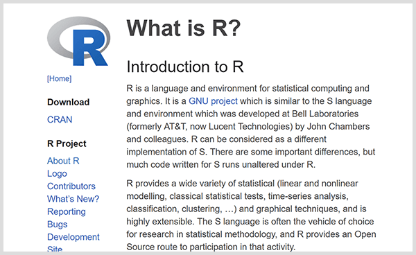 Δημιουργήστε τα δικά σας εργαλεία πρόβλεψης ανάλυσης με τη γλώσσα προγραμματισμού R. Στιγμιότυπο οθόνης της ιστοσελίδας εισαγωγής R. 