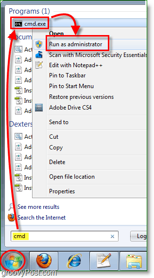 Το στιγμιότυπο οθόνης των Windows 7 -η εκτέλεση cmd ως διαχειριστής
