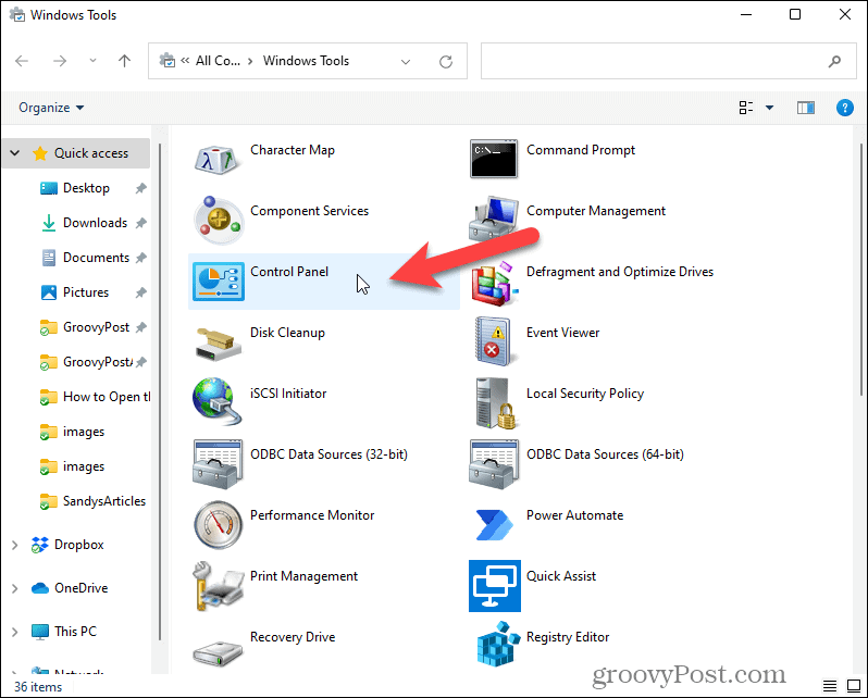 Ανοίξτε τον Πίνακα Ελέγχου στα Εργαλεία των Windows