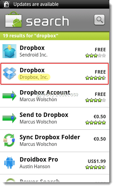 Μενού αναζήτησης Dropbox Android