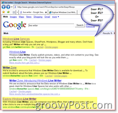 Εικόνα των αποτελεσμάτων αναζήτησης Google για τον Windows Live Writer