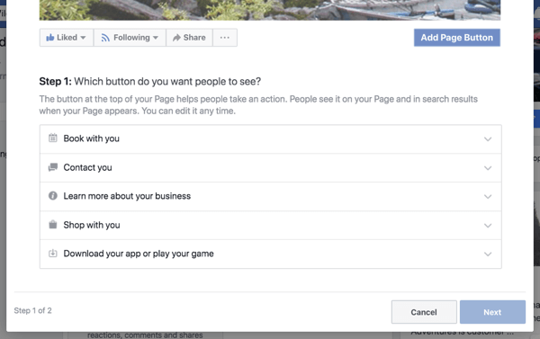 Βήμα 1 για να δημιουργήσετε το κουμπί παρότρυνσης για δράση της επιχειρηματικής σας σελίδας στο Facebook.