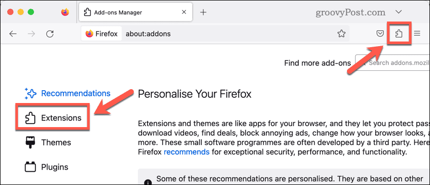 Ανοίξτε τις επεκτάσεις Firefox