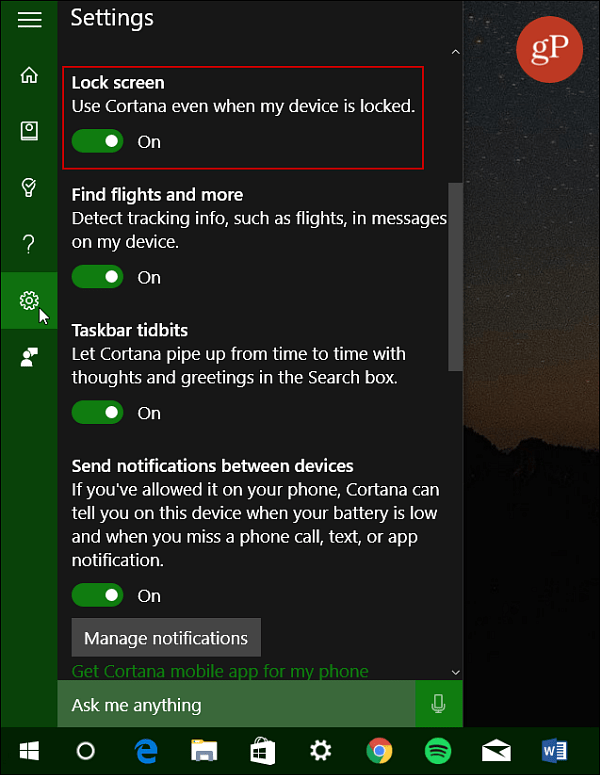 Ενεργοποιήστε την οθόνη Cortana Lock Windows 10