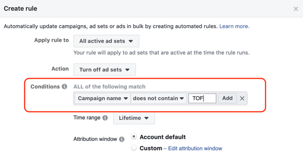 Χρησιμοποιήστε αυτοματοποιημένους κανόνες Facebook, σταματήστε το σύνολο διαφημίσεων όταν το ROAS πέσει κάτω από το ελάχιστο, βήμα 2, ορίστε συνθήκες