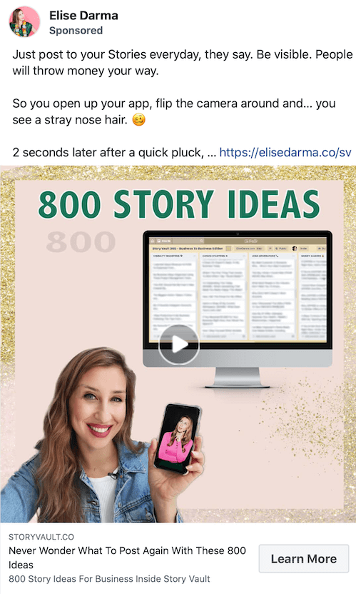 στιγμιότυπο οθόνης μιας χορηγίας από την elise darma που προωθεί 800 ιδέες για ιστορίες