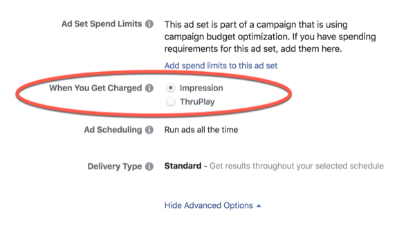 Χρεώσεις βελτιστοποίησης μέσω ThruPlay στο Facebook.