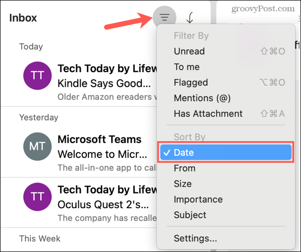 Ταξινόμηση κατά ημερομηνία στο Outlook σε Mac