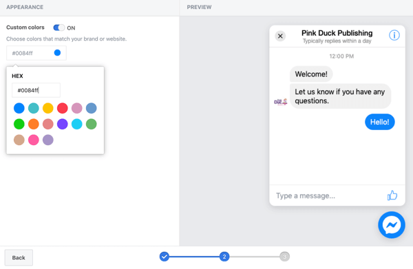 Χρησιμοποιήστε τον Διαχειριστή ετικετών Google με το Facebook, βήμα 11, επιλογές για να ορίσετε προσαρμοσμένα χρώματα για την προσθήκη συνομιλίας στο Facebook