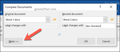 Πρόσθετες επιλογές για σύγκριση εγγράφων του Microsoft Word
