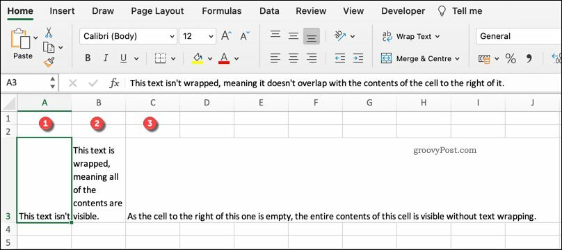 Ένα παράδειγμα διαφόρων μορφών αναδίπλωσης κειμένου στο Excel