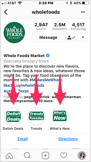 Στιγμιότυπα Instagram στο προφίλ Whole Foods.