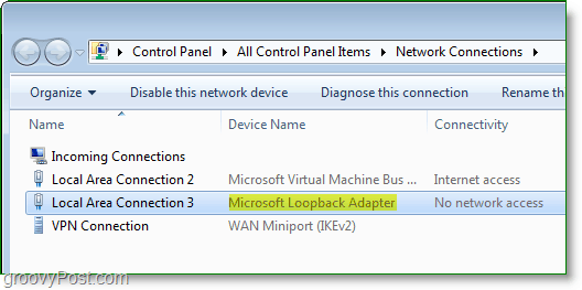 Windows 7 Networking Screenshot - ο προσαρμογέας Microsoft Loopback ορατός στο παράθυρο συνδέσεων δικτύου
