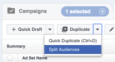 Στο Facebook Power Editor, κάντε κλικ στο βέλος στα δεξιά του διπλότυπου και επιλέξτε Διαχωρισμός κοινού.