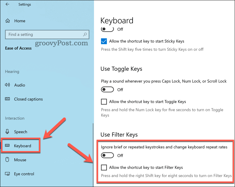 Διαμόρφωση ρυθμίσεων κλειδιών φίλτρου στα Windows 10