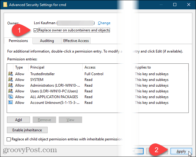 Κάντε κλικ στο κουμπί Εφαρμογή (Apply) στο πλαίσιο διαλόγου Σύνθετες ρυθμίσεις ασφαλείας (Security Settings) στο Μητρώο των Windows