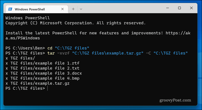 Εξαγωγή αρχείων TGZ στα Windows 11 χρησιμοποιώντας την εφαρμογή τερματικού