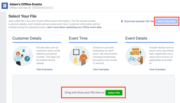 Επιλογή για μεταφορά και απόθεση του αρχείου δεδομένων σας στο Facebook Ads Manager.
