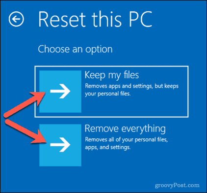 Επιλογές για επαναφορά υπολογιστή με Windows 10