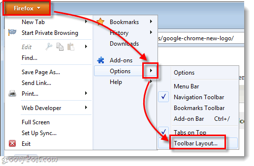 επιλογές μενού firefox> διάταξη γραμμής εργαλείων
