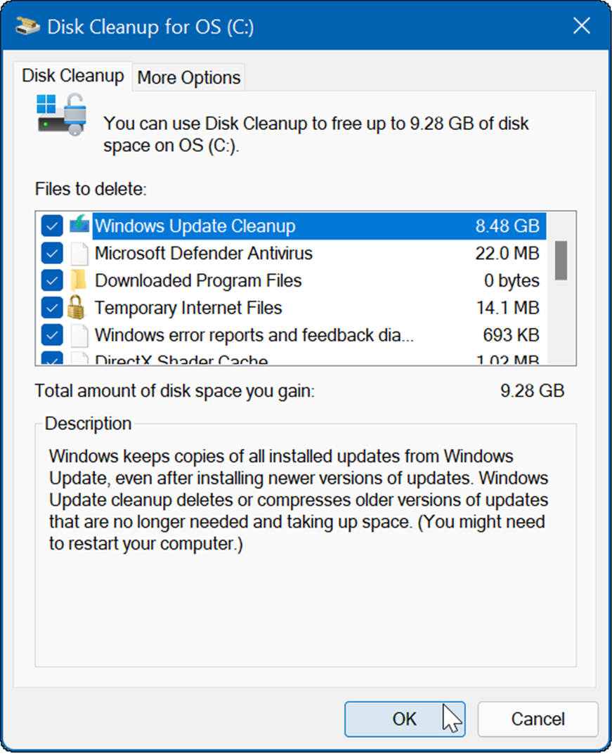 Το αποτέλεσμα θα είναι πολλά προσωρινά αρχεία, συμπεριλαμβανομένου του Windows Update Cleanup