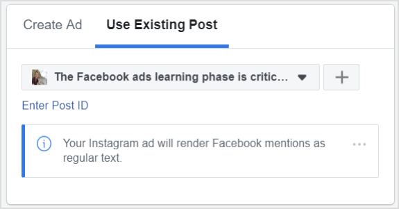 Κάντε κλικ στο Use Existing Post αντί για Δημιουργία διαφήμισης.
