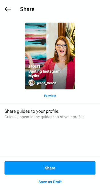παράδειγμα δημιουργήστε τώρα οθόνη κοινής χρήσης οδηγού instagram με προεπισκόπηση με μπλε χρώμα κάτω από την εικόνα εξωφύλλου, μαζί με τις επιλογές κουμπιών για κοινή χρήση και αποθήκευση ως πρόχειρο