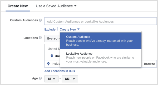 Ο Διαχειριστής διαφημίσεων Facebook δημιουργεί προσαρμοσμένο κοινό κατά τη ρύθμιση της διαφήμισης