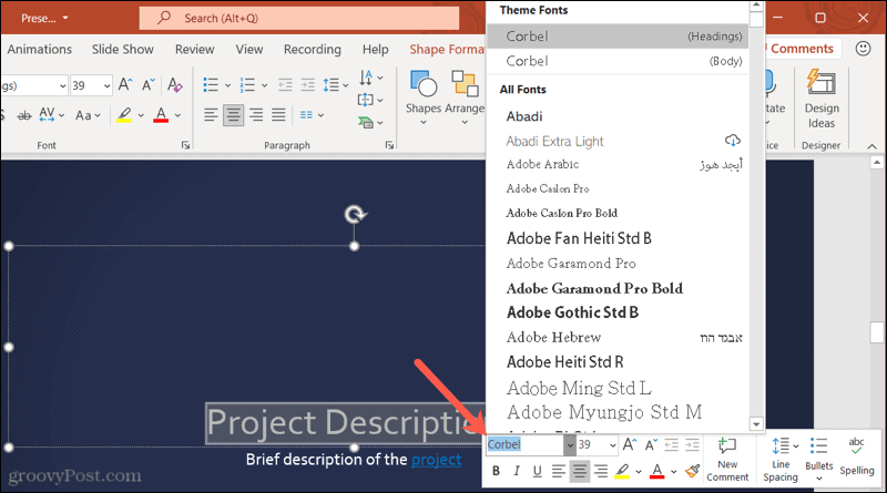 Γραμματοσειρές στη γραμμή εργαλείων του PowerPoint στα Windows