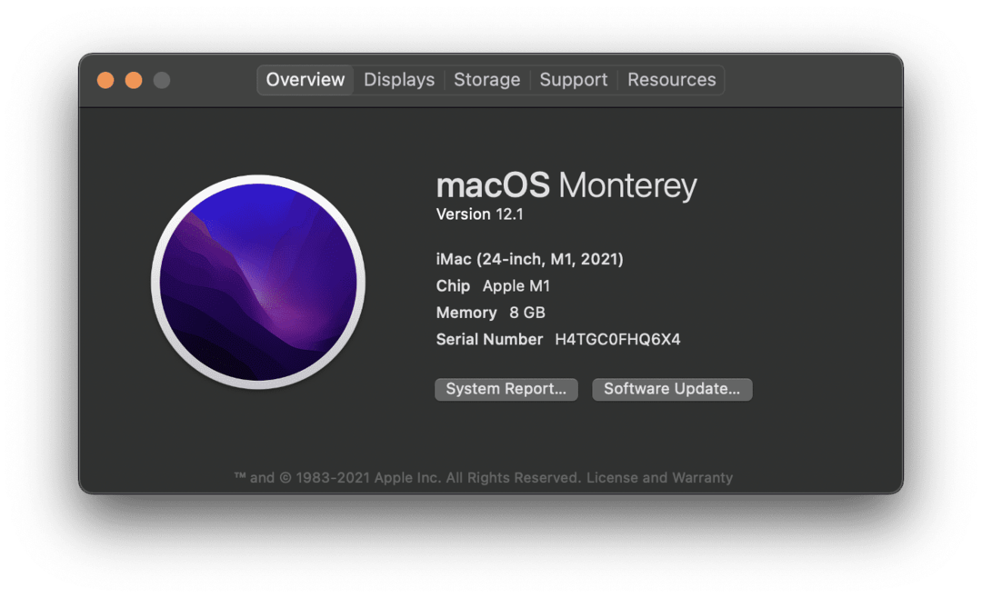 Η σελίδα Σχετικά με αυτό το Mac σε ένα M1 iMac