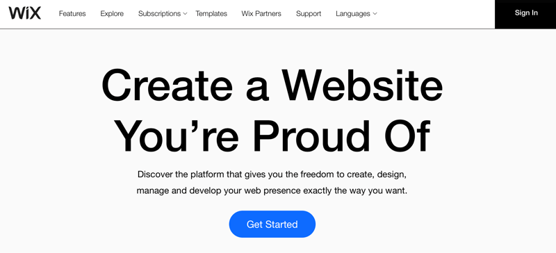 Επικεφαλίδα του Wix.com «Δημιουργήστε έναν ιστότοπο για τον οποίο είστε περήφανοι»