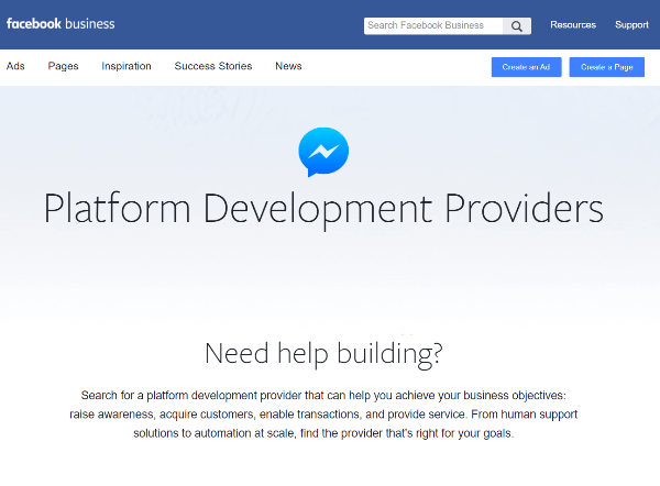 Ο νέος κατάλογος των παρόχων ανάπτυξης πλατφόρμας του Facebook είναι ένας πόρος για τις επιχειρήσεις να βρουν παρόχους που ειδικεύονται στη δημιουργία εμπειριών στο Messenger.