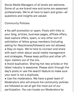 Ακολουθεί ένα παράδειγμα κανόνων ομάδας Facebook.