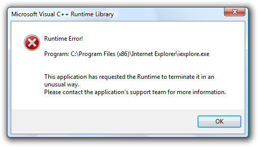 Internet Explorer 8 (IE8) Microsoft Visual C ++ Runtime Βιβλιοθήκη: Σφάλμα χρόνου εκτέλεσης!