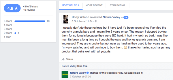 Ένας πελάτης της Nature Valley αφήνει μια κριτική πελατών στη σελίδα Facebook της εταιρείας.