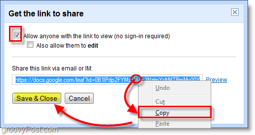 Στιγμιότυπο του Google Docs - αντιγράψτε το σύνδεσμό σας, κατόπιν αποθηκεύστε και κλείστε το