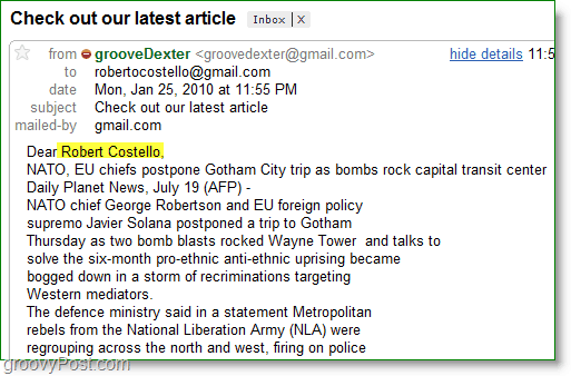 Το στιγμιότυπο του Outlook 2010 - ένα παράδειγμα ενός εξατομικευμένου μαζικού ηλεκτρονικού ταχυδρομείου