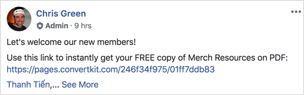Αυτή η ανάρτηση της ομάδας του Facebook καλωσορίζει τα νέα μέλη και τους υπενθυμίζει να κατεβάσουν ένα δωρεάν PDF.