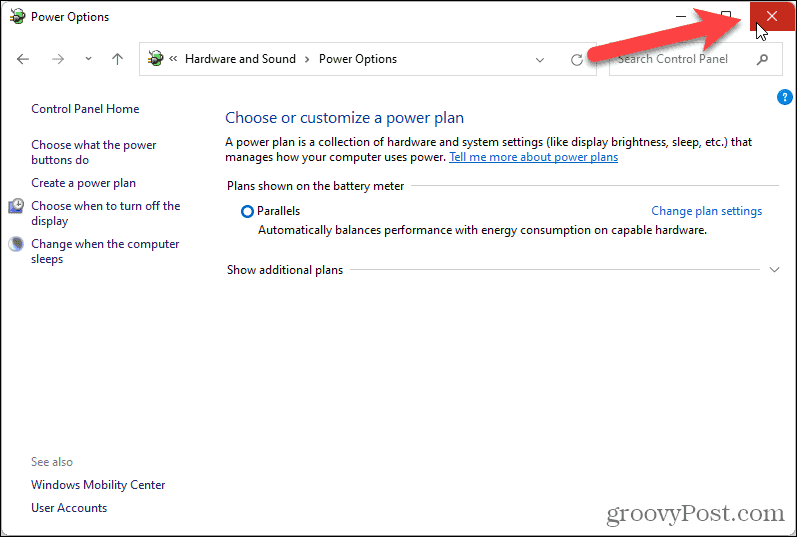 Κλείστε την οθόνη Επιλογές ενέργειας στον Πίνακα Ελέγχου στα Windows 11